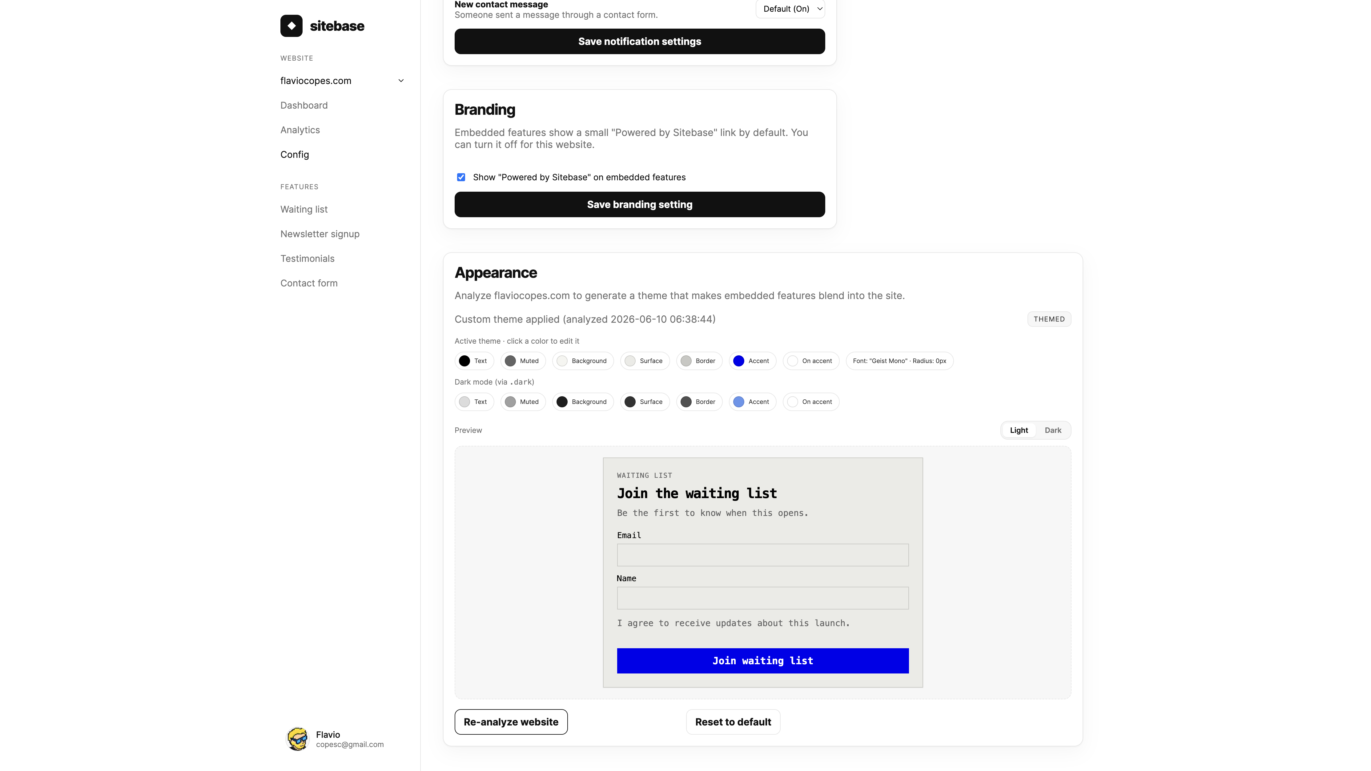 The Appearance panel showing extracted theme colors and a themed widget preview