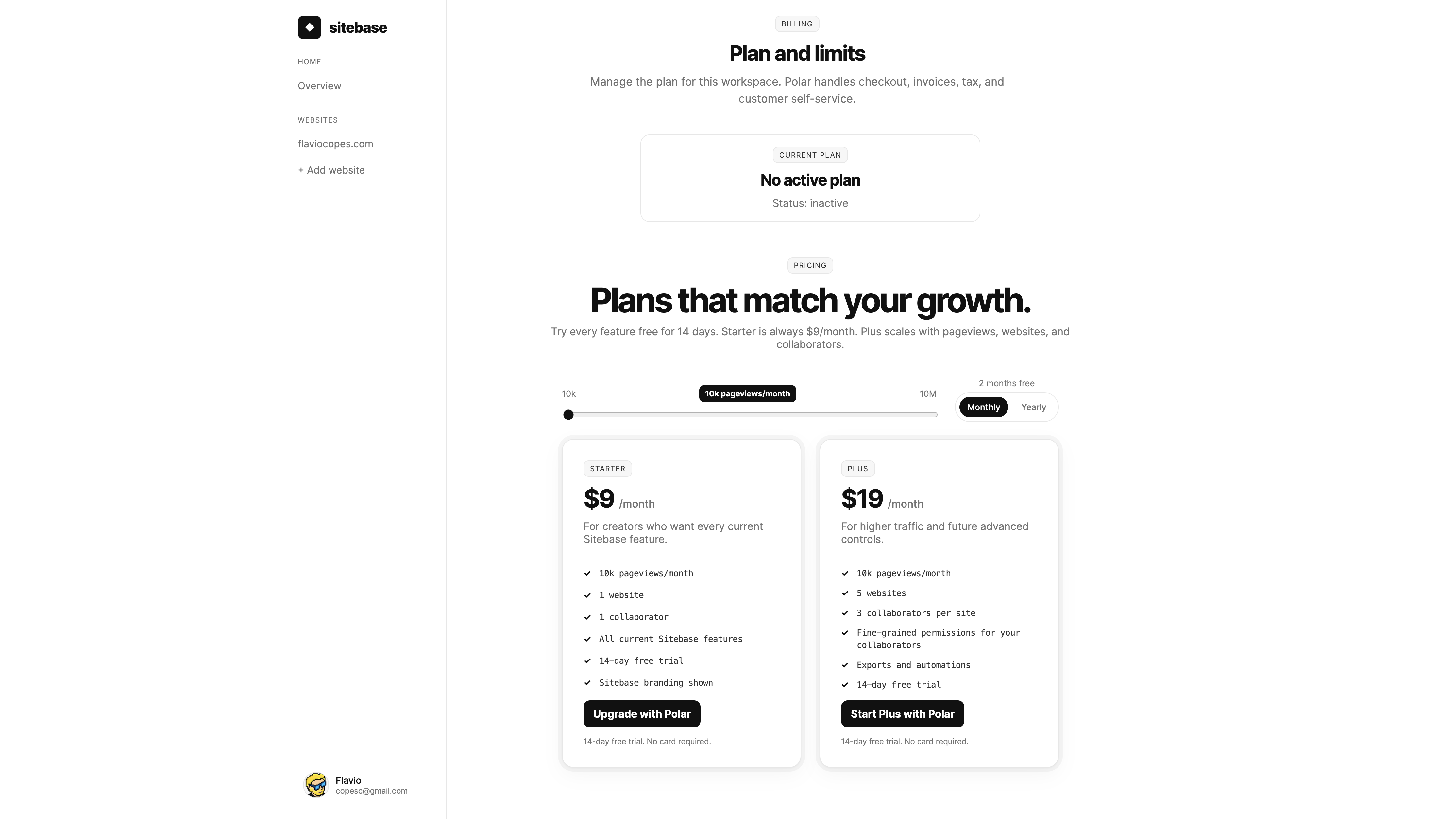 The billing page with the Starter and Plus plans and the pageview slider