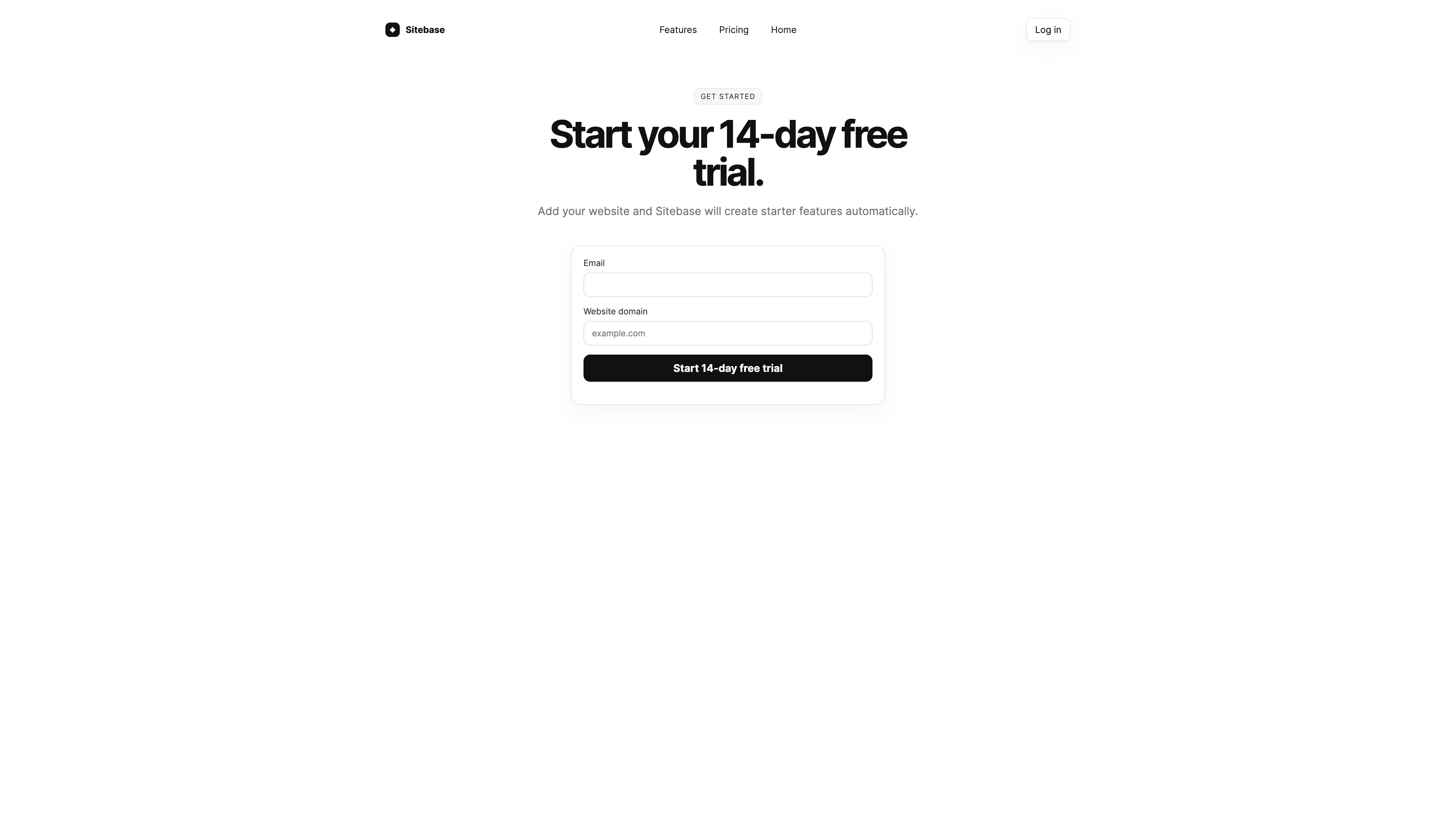 The Sitebase signup form with email and website domain fields
